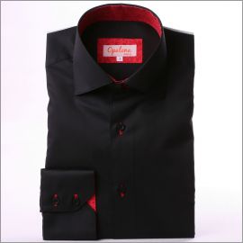 Chemise cintrée noire à col et poignets à motifs fleuris rouges et boutonnières rouges
