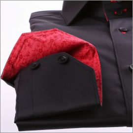 Chemise cintrée noire à col et poignets à motifs fleuris rouges et boutonnières rouges
