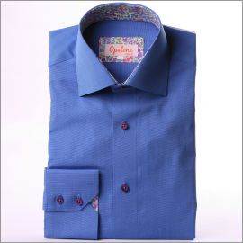 Chemise bleue à col et poignets liberty violet et vert et boutons violets