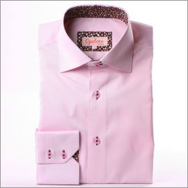 Chemise cintrée rose à col et poignets mousquetaires à pois multicolores et boutonnières marrons