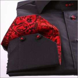 Chemise noire à col et poignets à motifs rouges