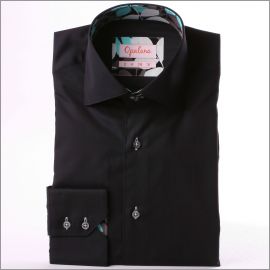 Chemise noire à col et poignets à motifs blancs, gris et turquoises