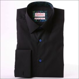 Chemise noire à poignets mousquetaires et col à motifs bleus et verts