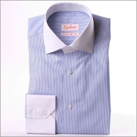 Chemise à rayures bleues et blanches, col et poignets blancs