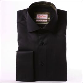 Chemise noire à col et poignets mousquetaires à rayures beiges et kakis