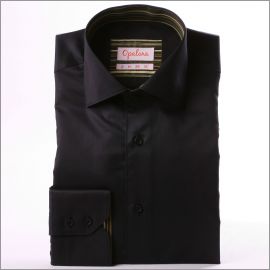 Chemise noire à col et poignets à rayures beiges et kakis