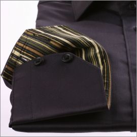 Chemise noire à col et poignets à rayures beiges et kakis