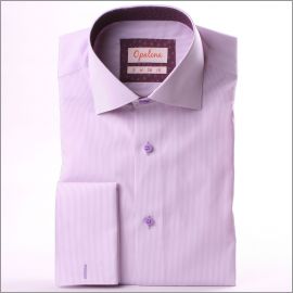 Chemise à poignets mousquetaires rayée mauve et blanche, col à motifs violets
