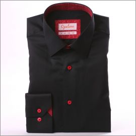 Chemise noire à col et poignets à motifs rouges