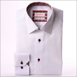 White shirt with red, black and white tartan collar and cuffs