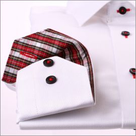 White shirt with red, black and white tartan collar and cuffs