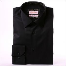 Chemise noire à col et poignets à motifs gris et marrons