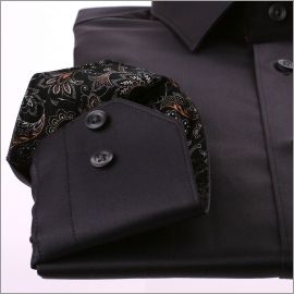 Chemise noire à col et poignets à motifs gris et marrons