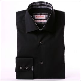 Chemise noire à col et poignets à carreaux gris, blancs et noirs 