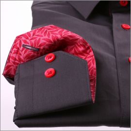 Chemise gris foncé à col et poignets à motifs rouges