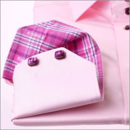 Chemise rose à col et poignets à carreaux mauves et roses