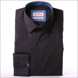 Chemise gris foncé à col et poignets à motifs fleuris bleus