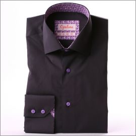 Chemise gris foncé à col et poignets à motifs mauves