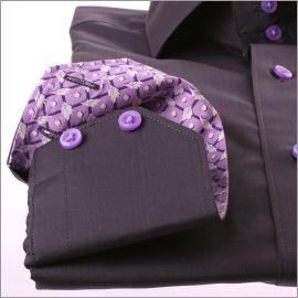 Chemise gris foncé à col et poignets à motifs mauves