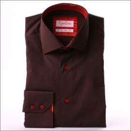 Chemise marron à col et poignets à rayures rouges, roses et jaunes