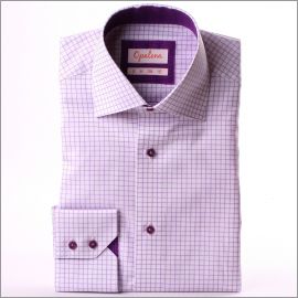 Chemise à carreaux blancs et mauves, col et poignets à motifs violets