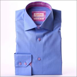 Chemise bleu moyen à col et poignets à carreaux mauves et roses