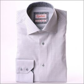 Chemise à carreaux blancs et gris, col et poignets à motifs fleuris gris
