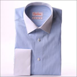 White and blue striped french cuff shirt with white collar and cuffs
