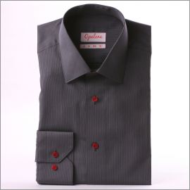 Dark grey striped shirt with red buttons