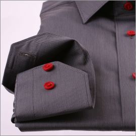 Dark grey striped shirt with red buttons
