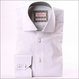 White shirt with beige and blue patterns collar and cuffs