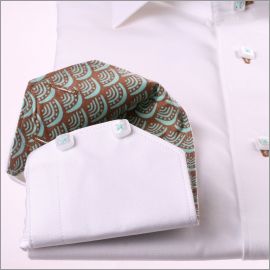 White shirt with beige and blue patterns collar and cuffs