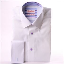 Chemise blanche à col et poignets mousquetaires à rayures bleues et mauves
