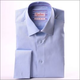 Chemise bleue à col et poignets mousquetaires à rayures bleues et mauves
