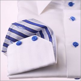White shirt with blue and white striped collar and cuffs