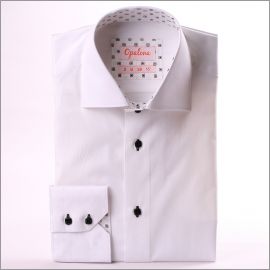White shirt with black square patterns collar and cuffs