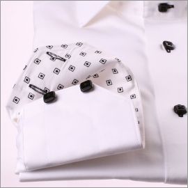 White shirt with black square patterns collar and cuffs