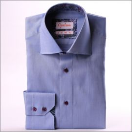 Medium blue shirt with blue and purple patterns collar and cuffs