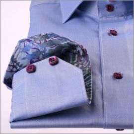 Medium blue shirt with blue and purple patterns collar and cuffs