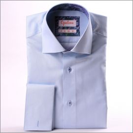 Light blue french cuff shirt with blue and purple patterns collar and cuffs