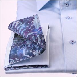 Light blue french cuff shirt with blue and purple patterns collar and cuffs
