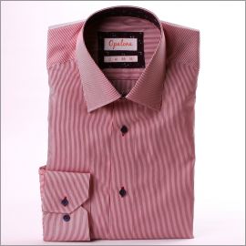 Red and white striped shirt with red and navy blue patterns collar