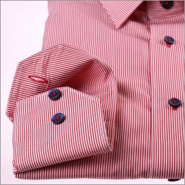 Red and white striped shirt with red and navy blue patterns collar