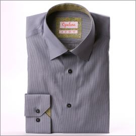 Grey and white stripes shirt with green patterns collar and cuffs
