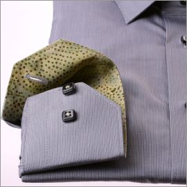 Grey and white stripes shirt with green patterns collar and cuffs