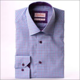 Chemise à carreaux bleus et mauves, col et poignets à motifs violets
