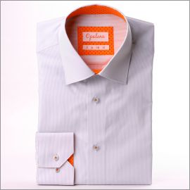 White and grey stripes shirt, orange patterns collar and cuffs