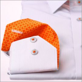 White and grey stripes shirt, orange patterns collar and cuffs