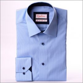 Chemise bleue à petits carreaux, col et poignets unis bleu marine 