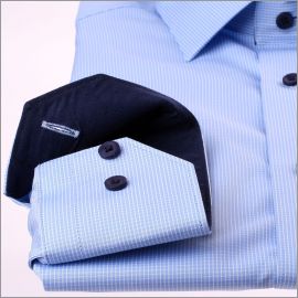 Chemise bleue à petits carreaux, col et poignets unis bleu marine 
